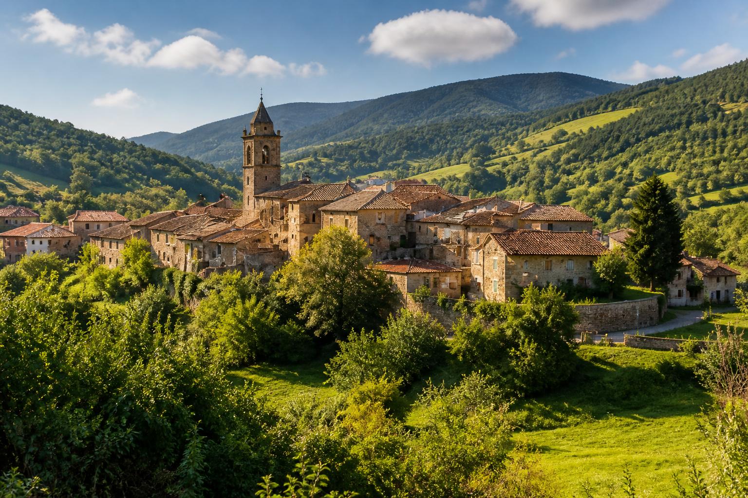 Paisaje rural con pueblo en montaña y entorno natural en las comarcas del interior